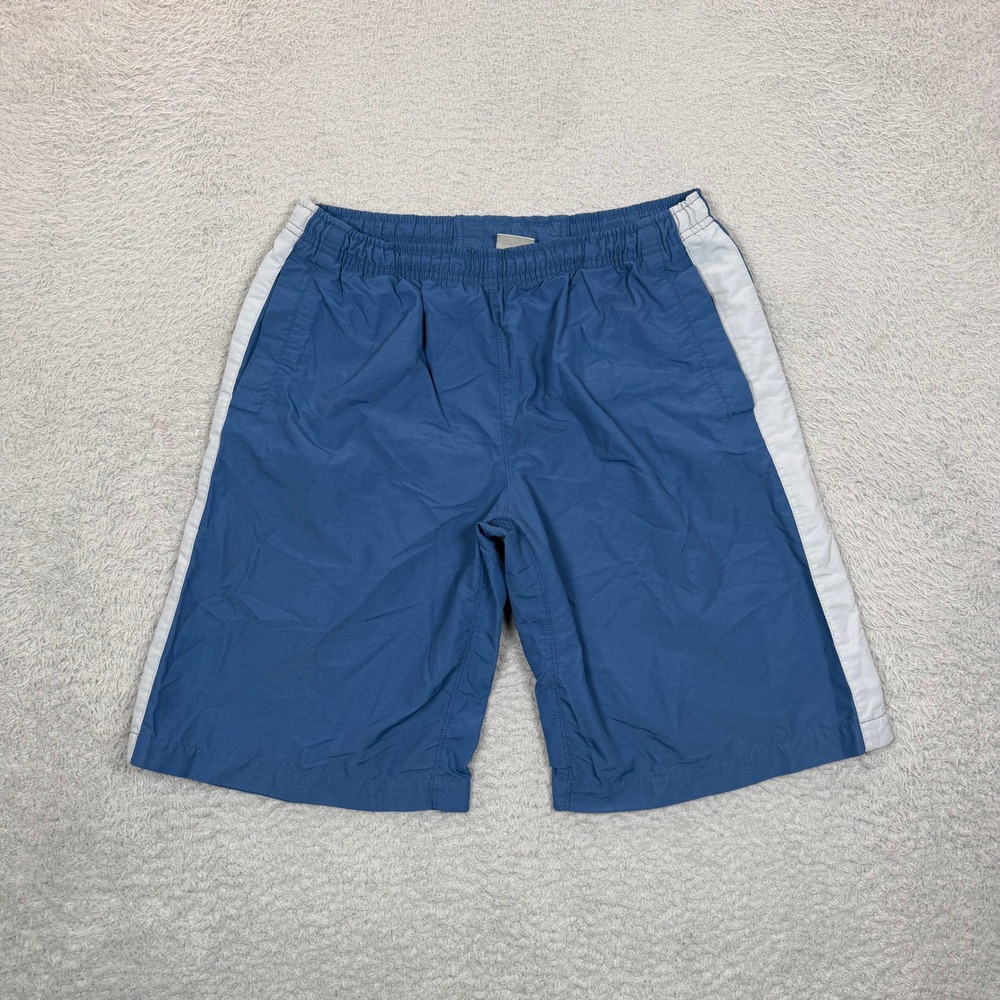 Vintage Nike Boys Blue Nylon Athletic Shorts White Side Stripe Logo Size Medium